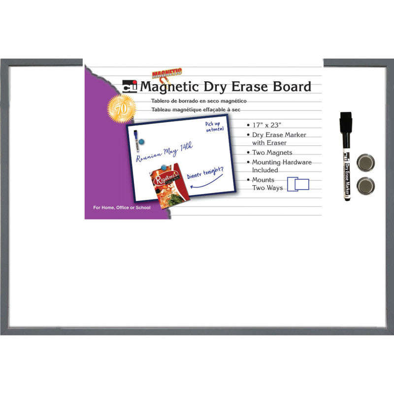 CHARLES LEONARD - Magnetic Dry Erase Board, 17" x 23", w/Eraser/Marker and 2 Magnets, Gray Frame, 1 Each
