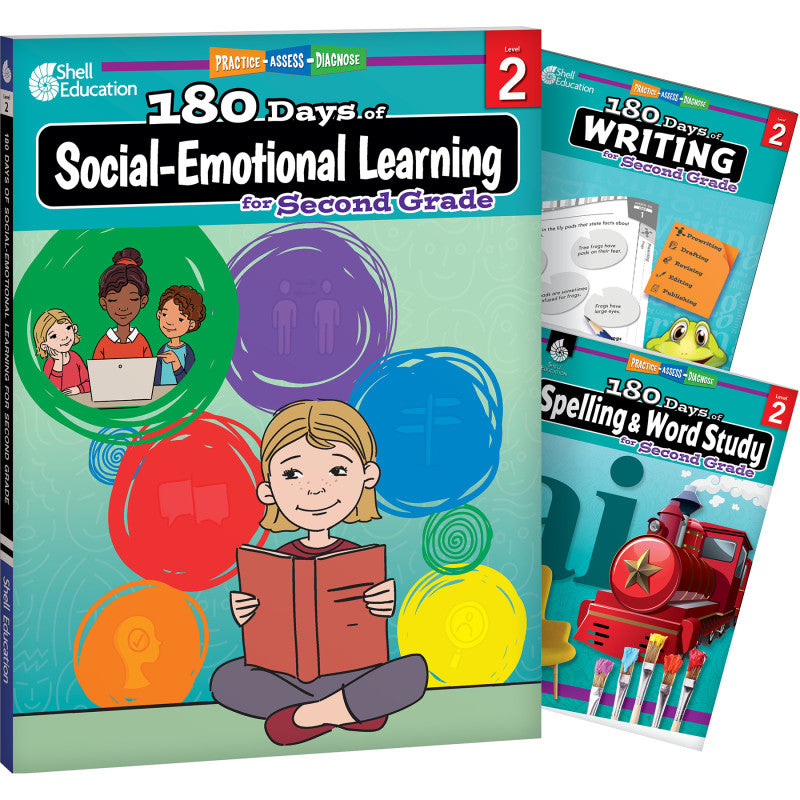 SHELL EDUCATION - 180 Days Social-Emotional Learning, Writing, & Spelling Grade 2: 3-Book Set