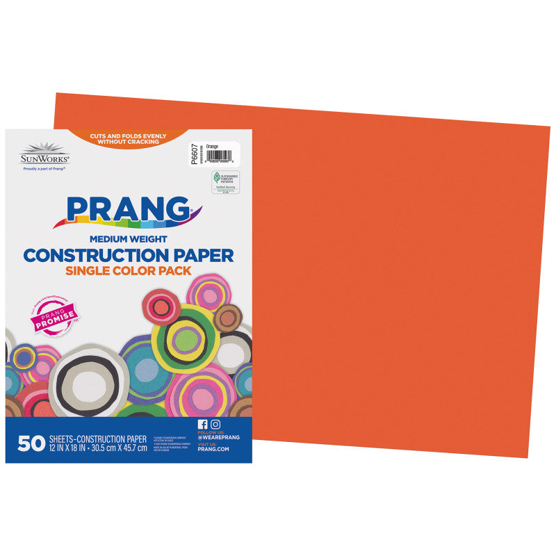 Construction Paper, Medium Weight, Orange, 12" x 18", 50 Sheets