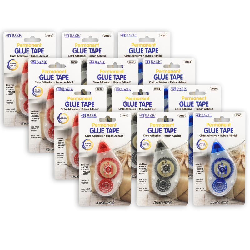 BAZIC PRODUCTS - Permanent Glue Tape, 8mm x 8m, Pack of 12