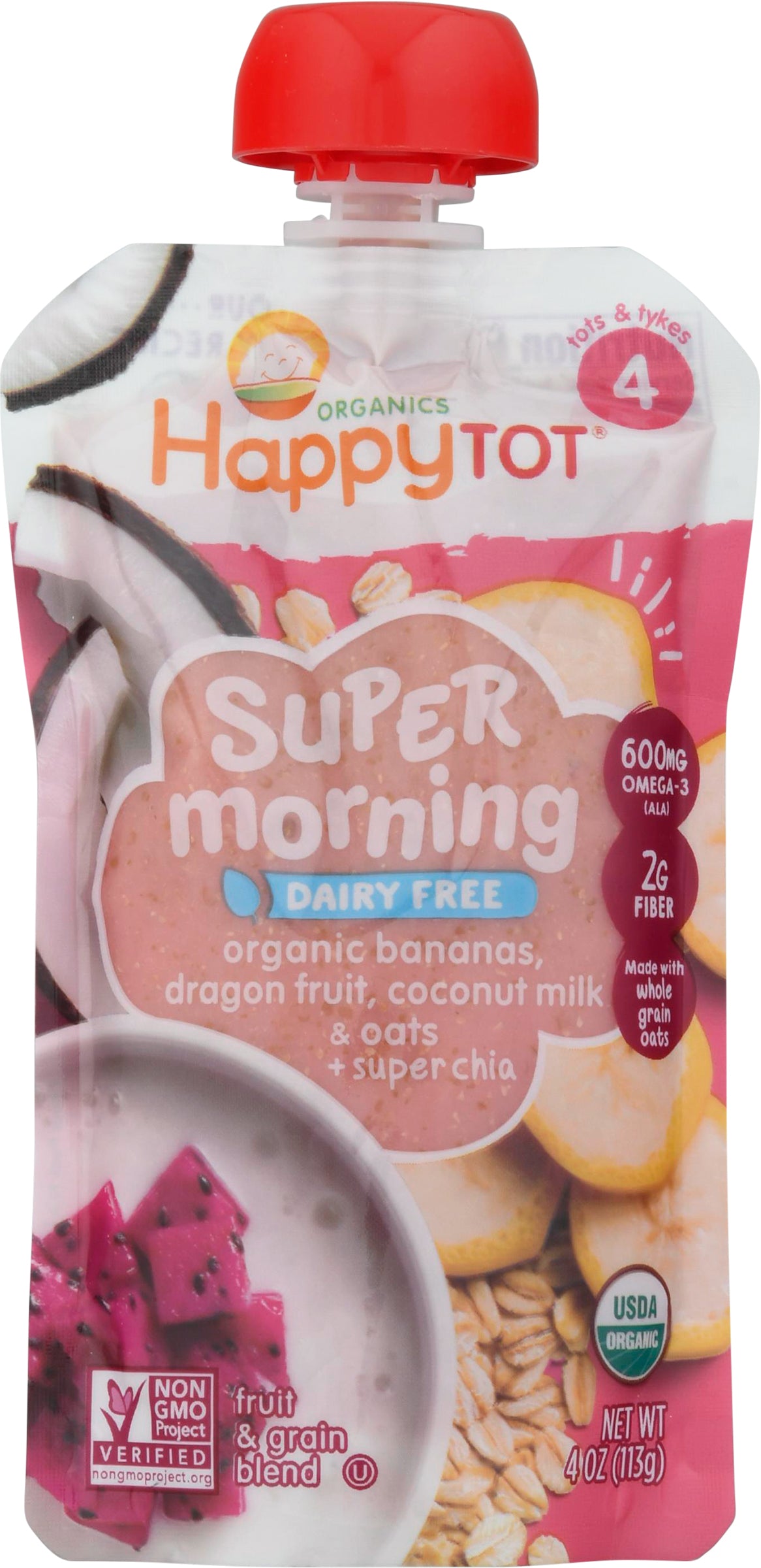 HappyTot Organics Super Morning Bananas, Dragon Fruit, Coconut Milk & Oats Fruit & Grain Blend 4 oz - Case of 16