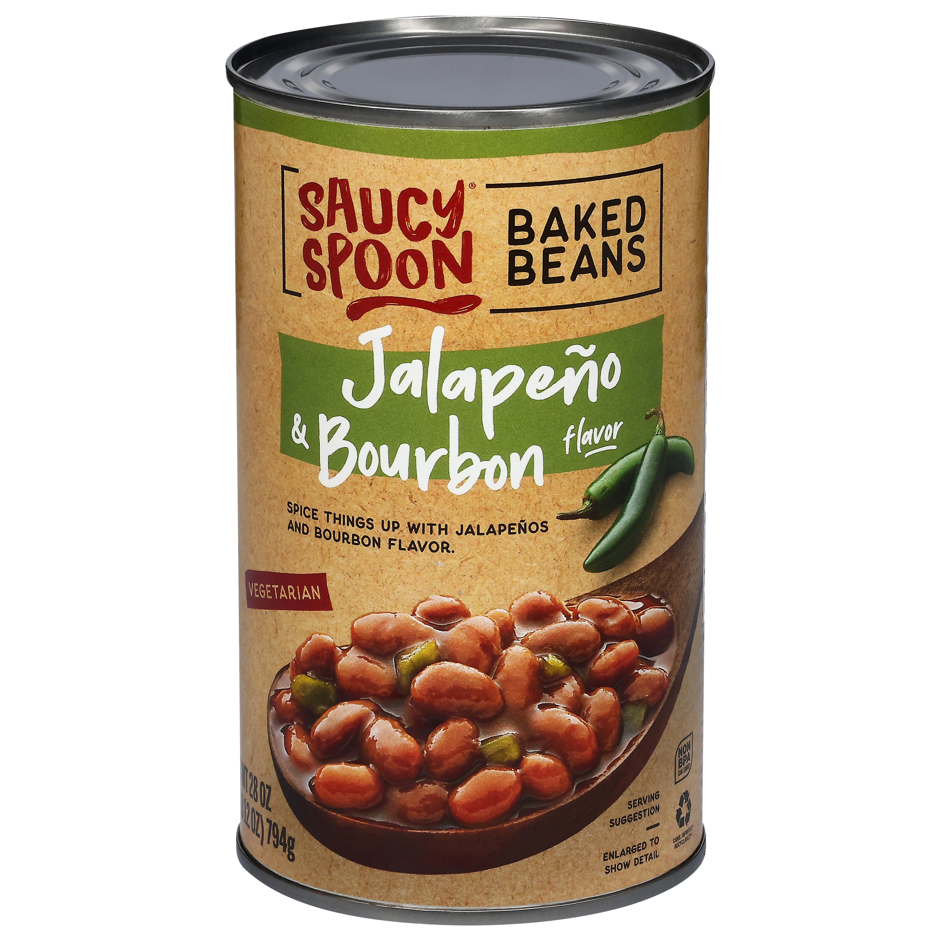 Saucy Spoon Vegetarian Jalapeno & Bourbon Flavor Baked Beans 28 oz - Case of 12