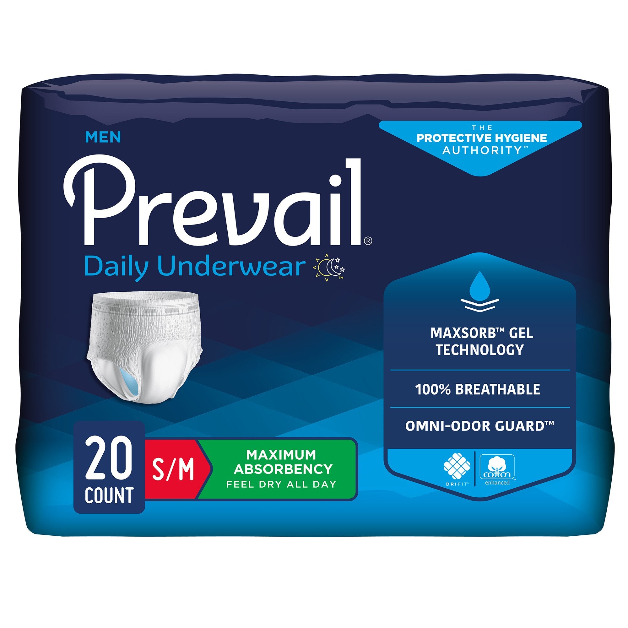 First Quality - Male Adult Absorbent Underwear Prevail® Daily Underwear Pull On with Tear Away Seams Small / Medium Disposable Heavy Absorbency [20/BG]