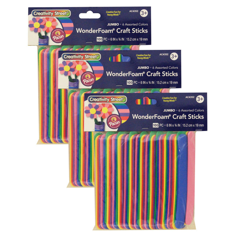 CREATIVITY STREET - WonderFoam® Jumbo Craft Sticks, Assorted Colors, 6" x 3/4", 100 Per Pack, 3 Packs