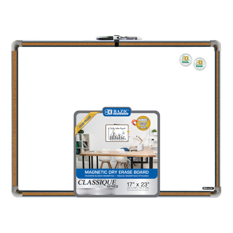 BAZIC PRODUCTS - Cork Framed Magnetic Dry Erase Board with Marker & 2 Magnets, 17" x 23"