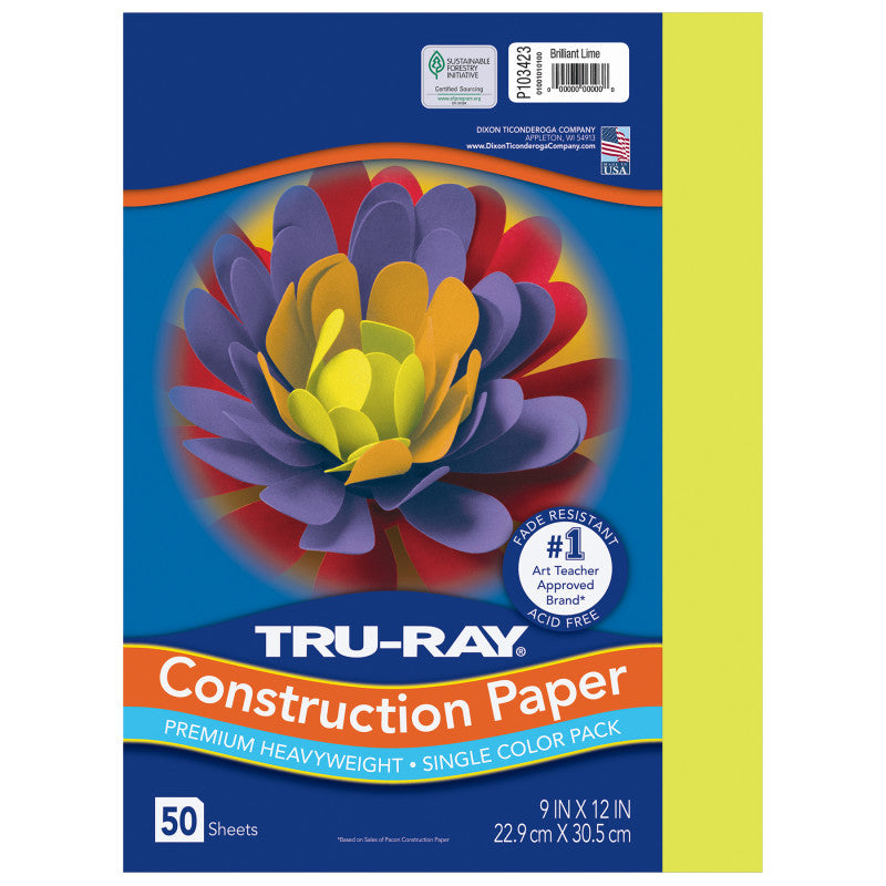 Construction Paper, Heavyweight, Brilliant Lime, 9" x 12", 50 Sheets