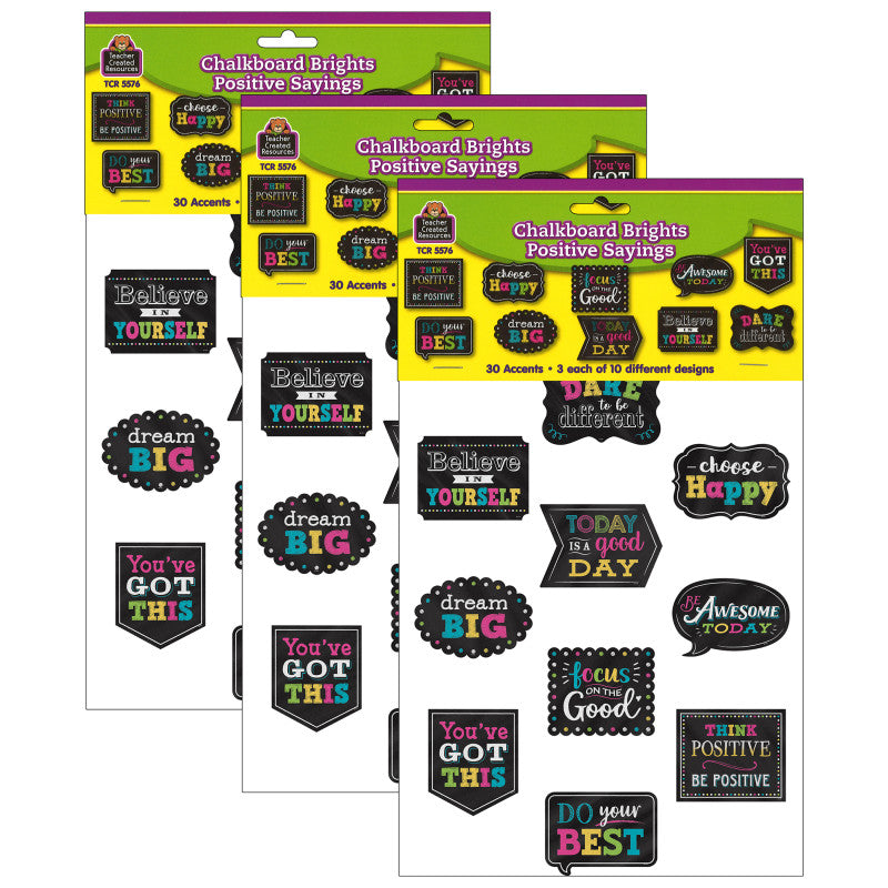 TEACHER CREATED RESOURCES - Chalkboard Brights Positive Sayings Accents, 30 Per Pack, 3 Packs