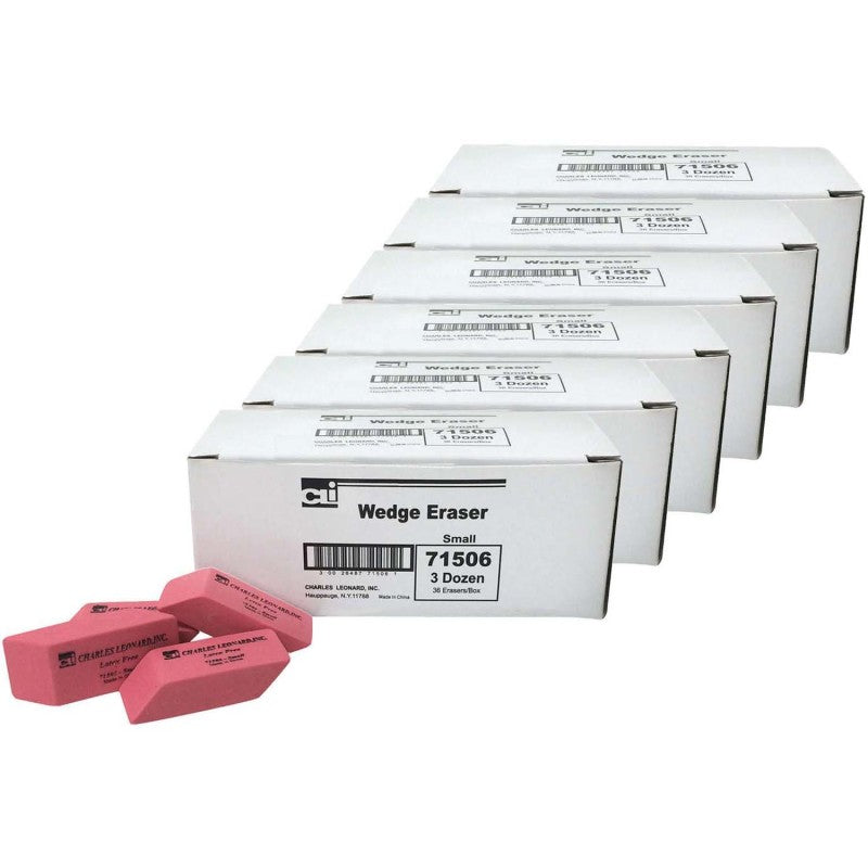CHARLES LEONARD - Eraser, Synthetic, Latex Free, Wedge Shape, Pink, Small, 36 Per Box, 6 Boxes