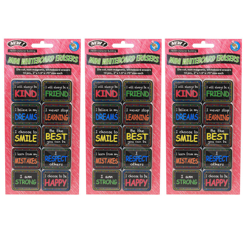 ASHLEY PRODUCTIONS - Non-Magnetic Mini Whiteboard Erasers, Character Building, 10 Per Pack, 3 Packs