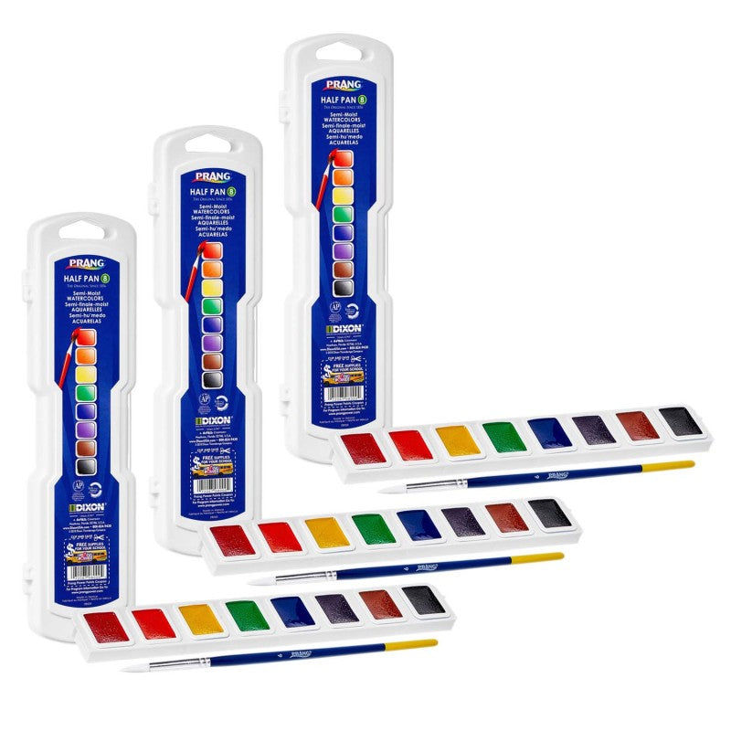 PRANG - Professional Watercolors, 8-Color Half Pan Set with Brush, 3 Sets