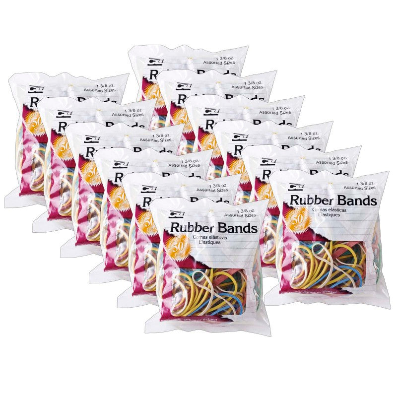 CHARLES LEONARD - Rubber Bands, Assorted Colors, 1-3/8oz Bag, 12 Bags