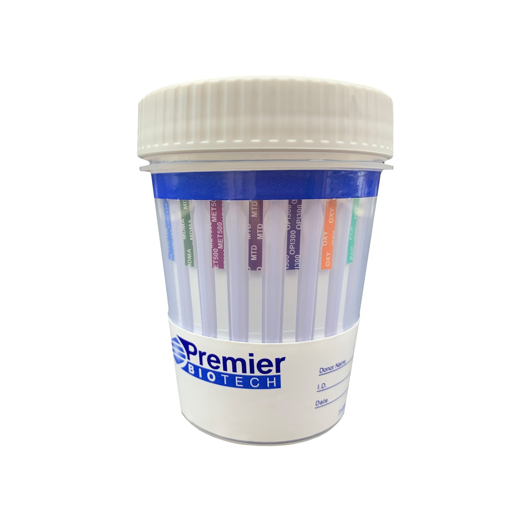 Premier Biotech - Drugs of Abuse Test Kit Premier Bio-Cup AMP500, BAR300, BUP10, BZO300, COC150, MDMA500, mAMP/MET500, MTD300, OPI300, OXY100, PCP25, THC50 5 Tests CLIA Waived [5/BX]