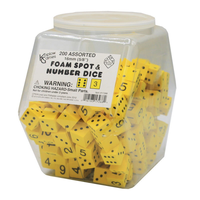 KOPLOW GAMES - Foam Spot & Number Dice, Yellow, 16mm, Tub of 200