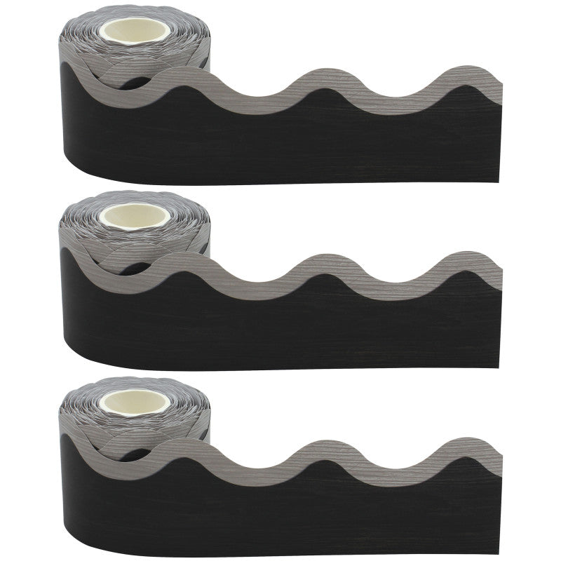 TEACHER CREATED RESOURCES - Modern Farmhouse Black with Gray Scalloped Rolled Border Trim, 50 Feet Per Roll, Pack of 3
