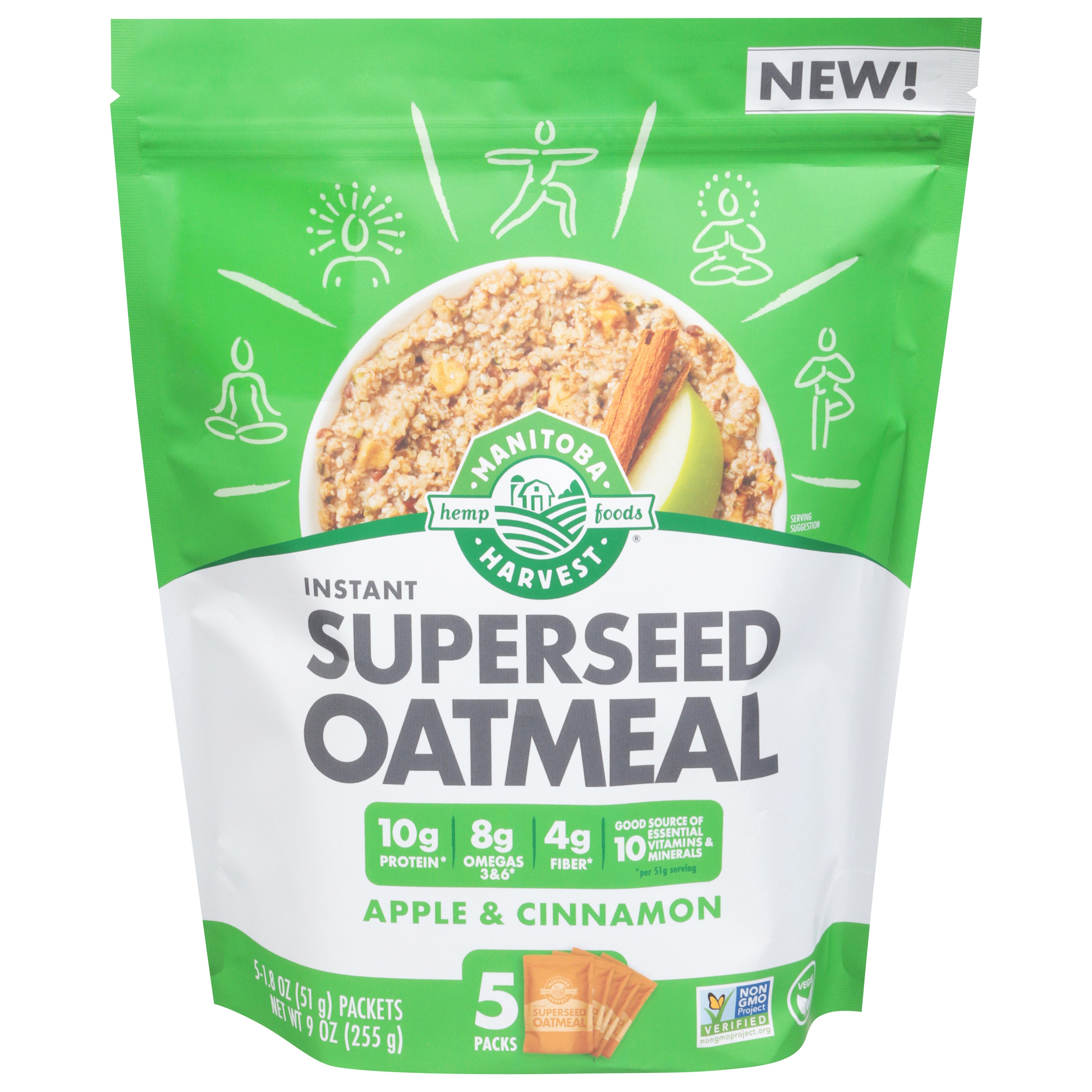 Manitoba Harvest Instant Superseed Apple & Cinnamon Oatmeal 5 - 1.8 oz Packets - Case of 6
