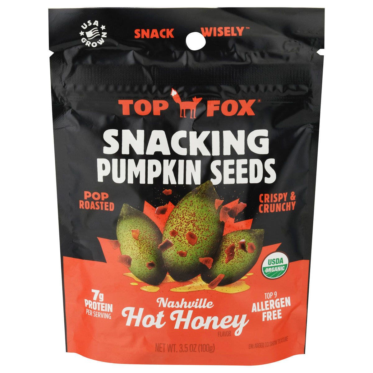 Top Fox Snacking Nashville Hot Honey Pumpkin Seeds 3.5 oz - Case of 6