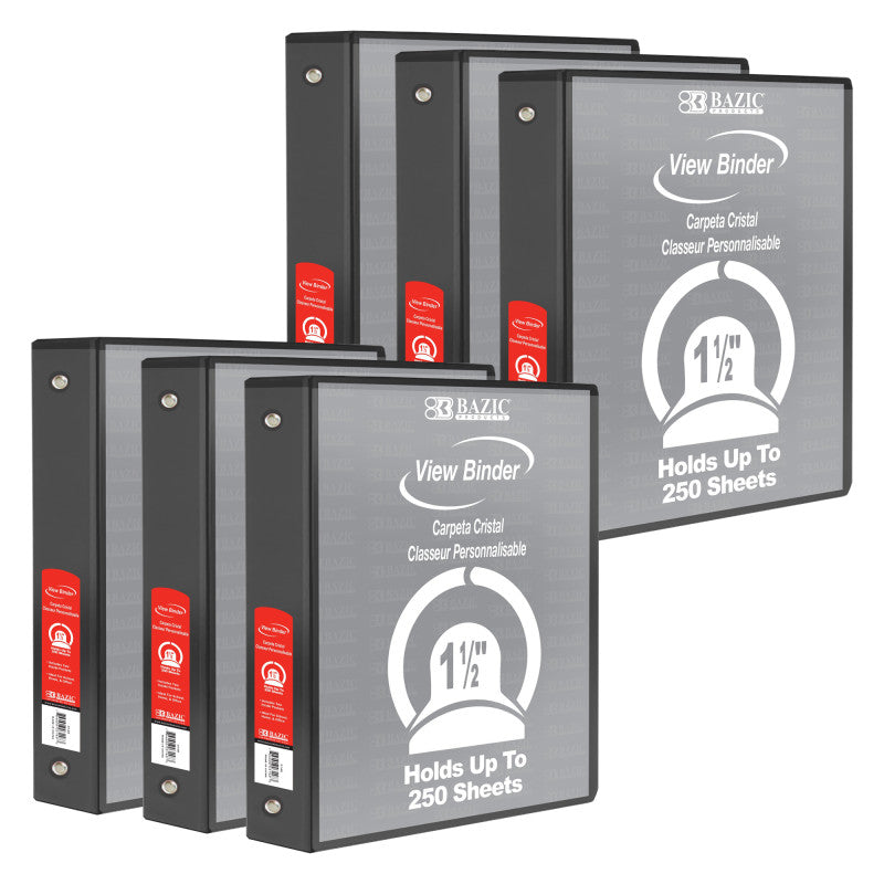 BAZIC PRODUCTS - 3-Ring View Binder with 2 Pockets, 1.5", Black, Pack of 6