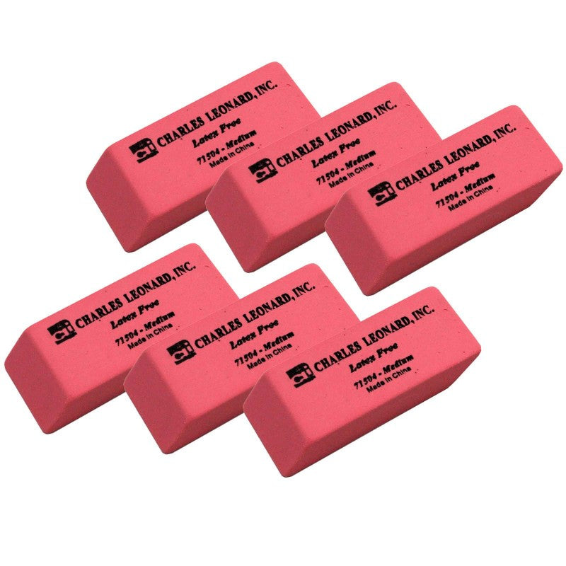 CHARLES LEONARD - Eraser, Synthetic, Latex Free, Wedge Shape, Pink, Medium, 24 Per Box, 6 Boxes