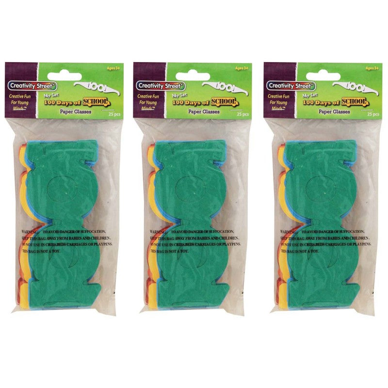 CREATIVITY STREET - 100 Days of School Paper Glasses, 2.5" x 16", 25 Per Pack, 3 Packs