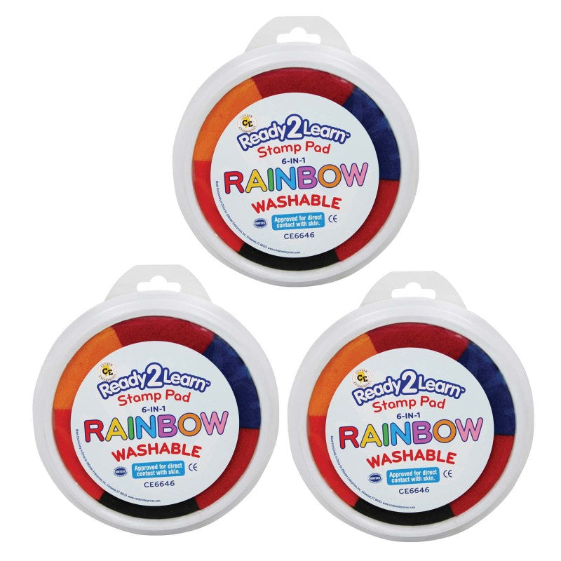 READY 2 LEARN - Jumbo 6-in-1 Circular Washable Stamp Pad - Rainbow - 6 Colors - 5.75" dia. - Pack of 3