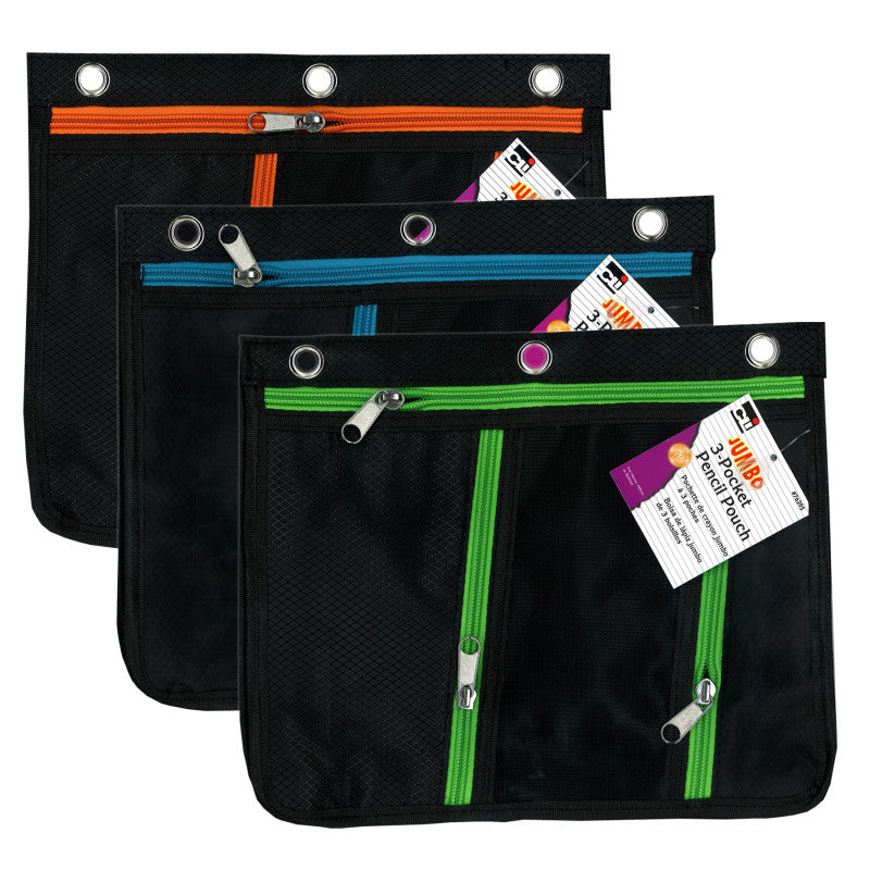 CHARLES LEONARD - 3 Pocket Pencil Pouch, Expanding to 1", 11"W x 9.5"H x 1"D - Assorted Colors, Pack of 3