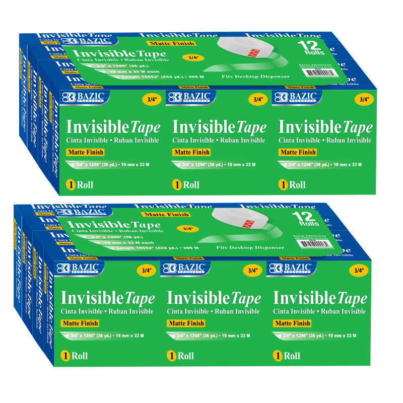 BAZIC PRODUCTS - Tape Refill, Invisible Tape, 3/4" x 1000", 12 Rolls Per Pack, 2 Packs