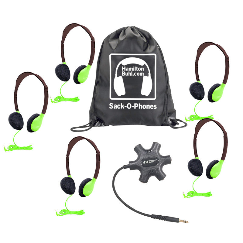 HAMILTONBUHL - Galaxy™ Econo-Line of Sack-O-Phones with 5 Green Personal-Sized Headphones, Starfish Jackbox and Carry Bag