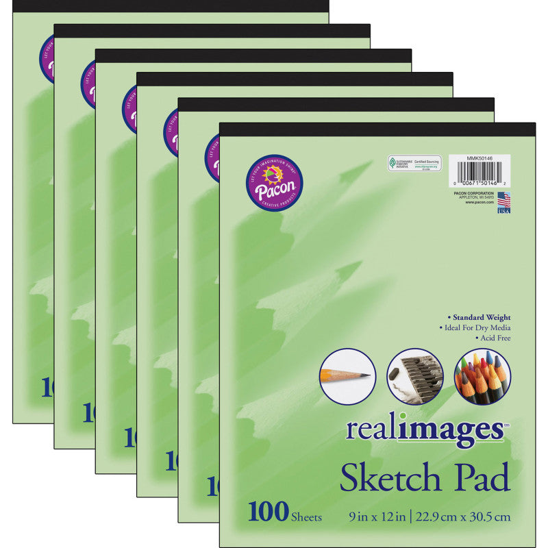 REAL IMAGES - Sketch Pad, Standard Weight, 9" x 12", 100 Sheets, Pack of 6