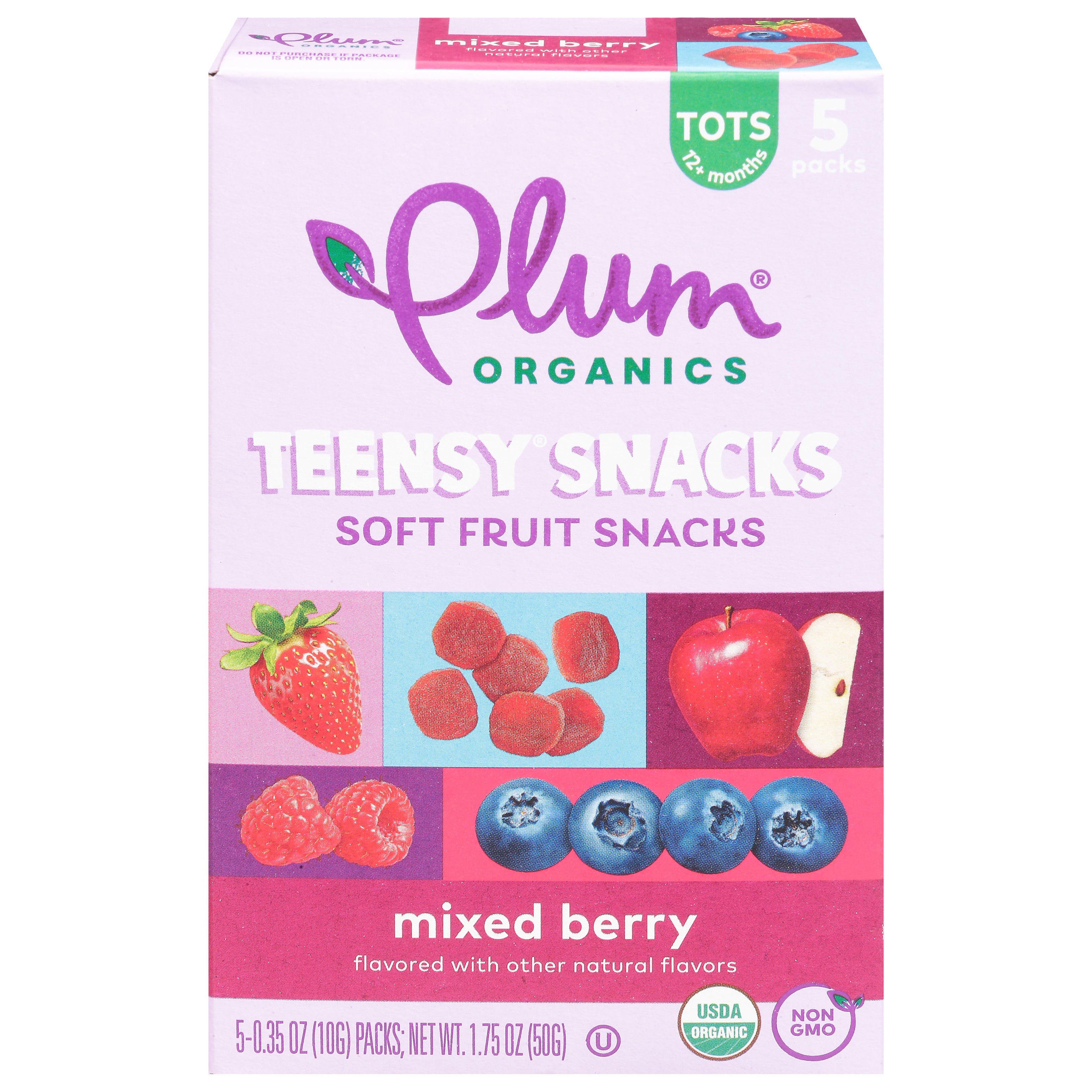 Plum Organics Teensy Snacks Tots 12+ Months Mixed Berry Soft Fruit Snacks 5 - 0.35 oz Packs - Case of 8