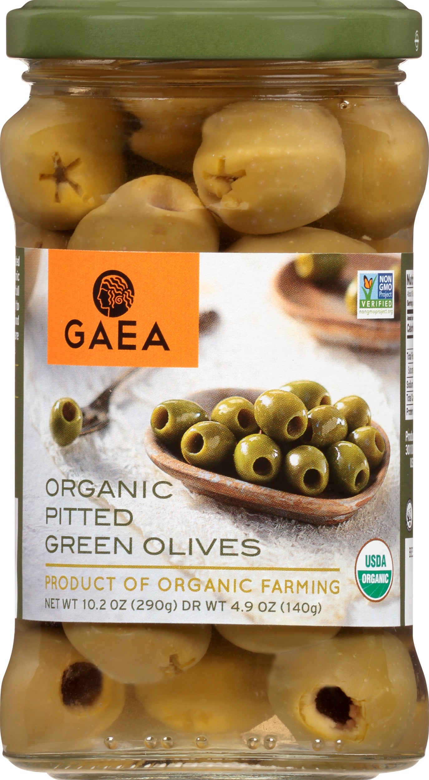 Gaea Organic Pitted Green Olives 10.2 oz - Case of 8