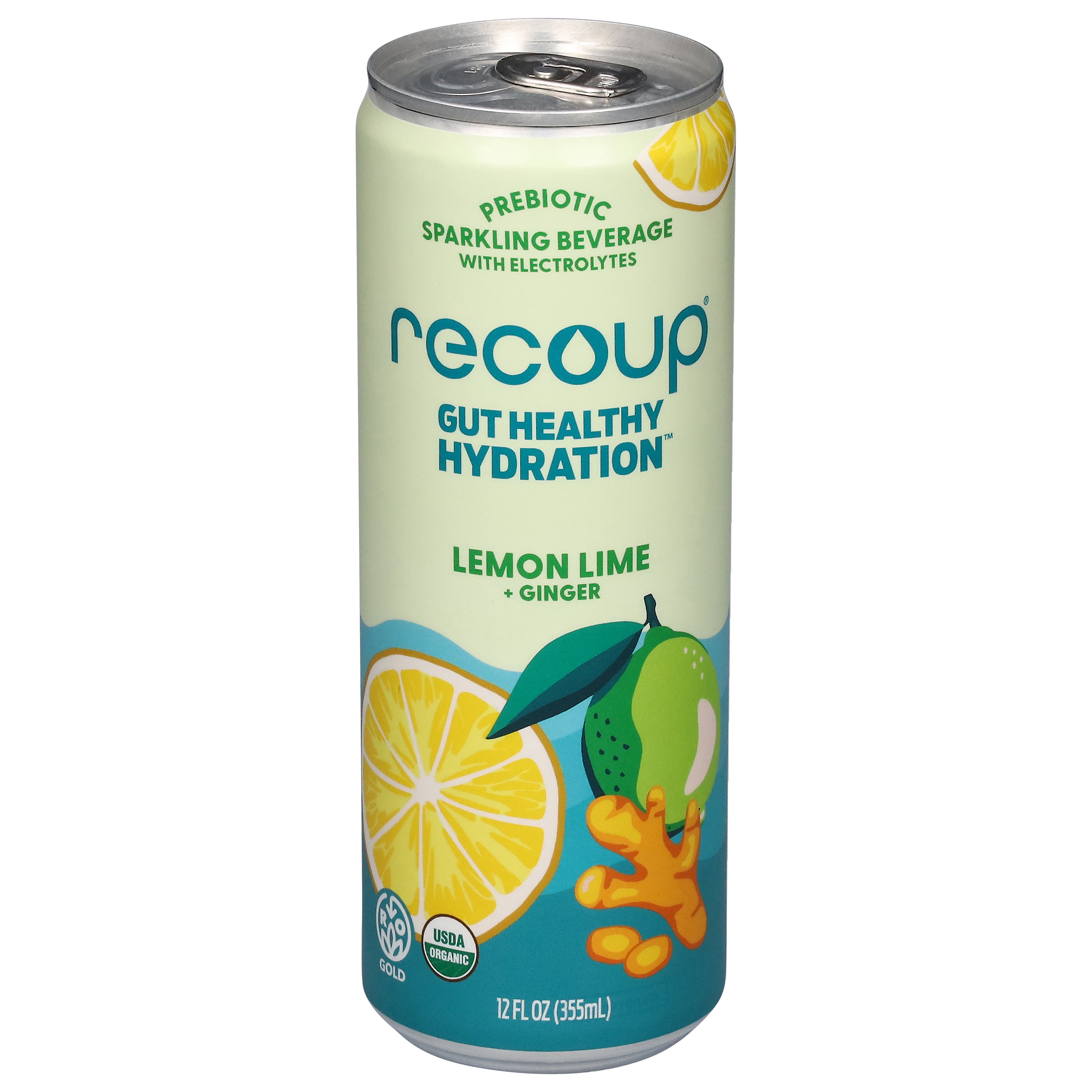Recoup Gut Healthy Hydration Prebiotic Lemon Lime + Ginger Sparkling Beverage with Electrolytes 12 fl oz - Case of 12