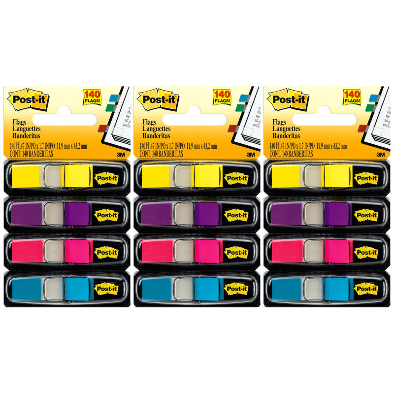 POST-IT - Highlighting Flags, Bright Colors, .47 in. Wide, 35 Flags/Dispenser, 4 Dispensers/Pack, 3 Packs