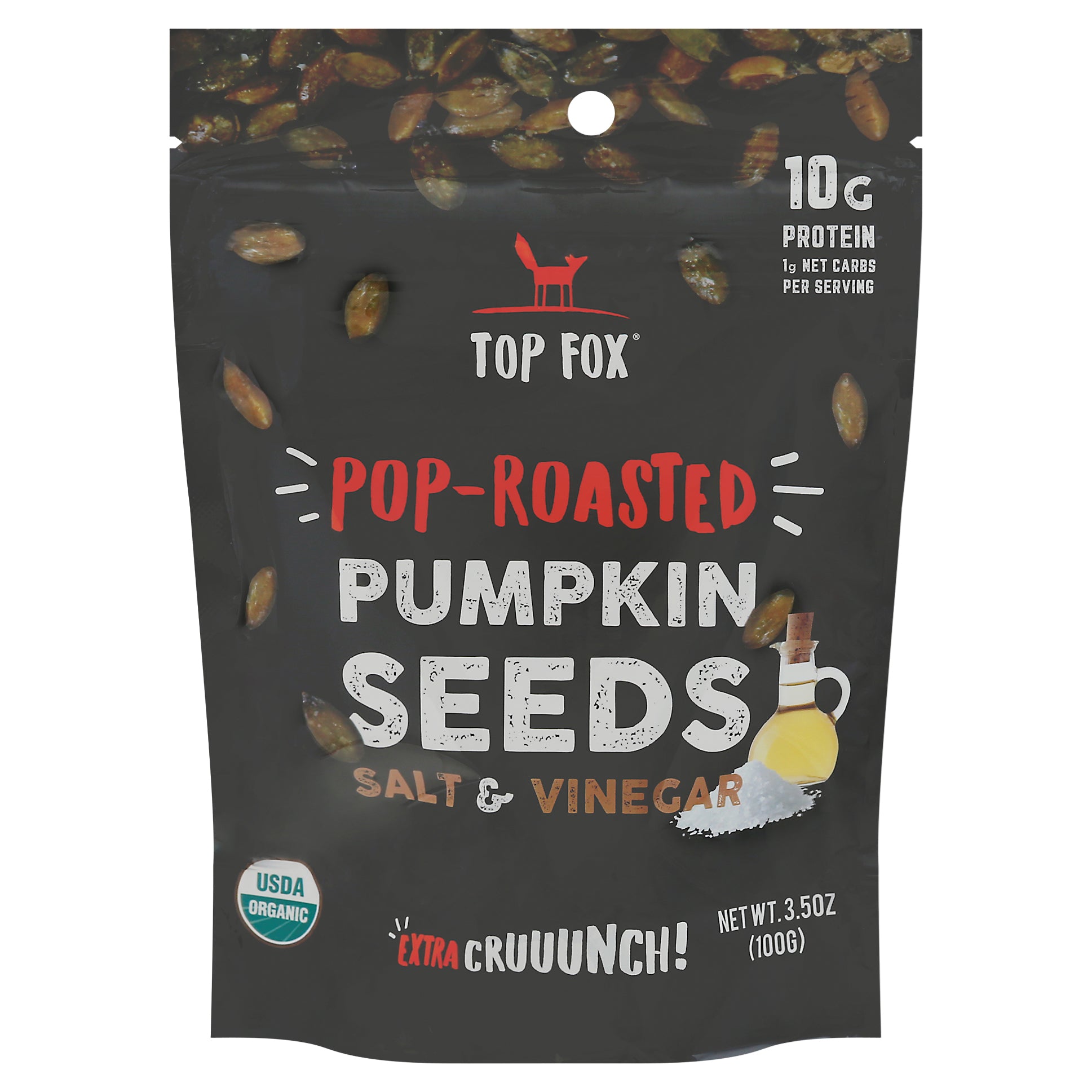 Top Fox Pop-Roasted Salt & Vinegar Pumpkin Seeds 3.5 oz - Case of 6