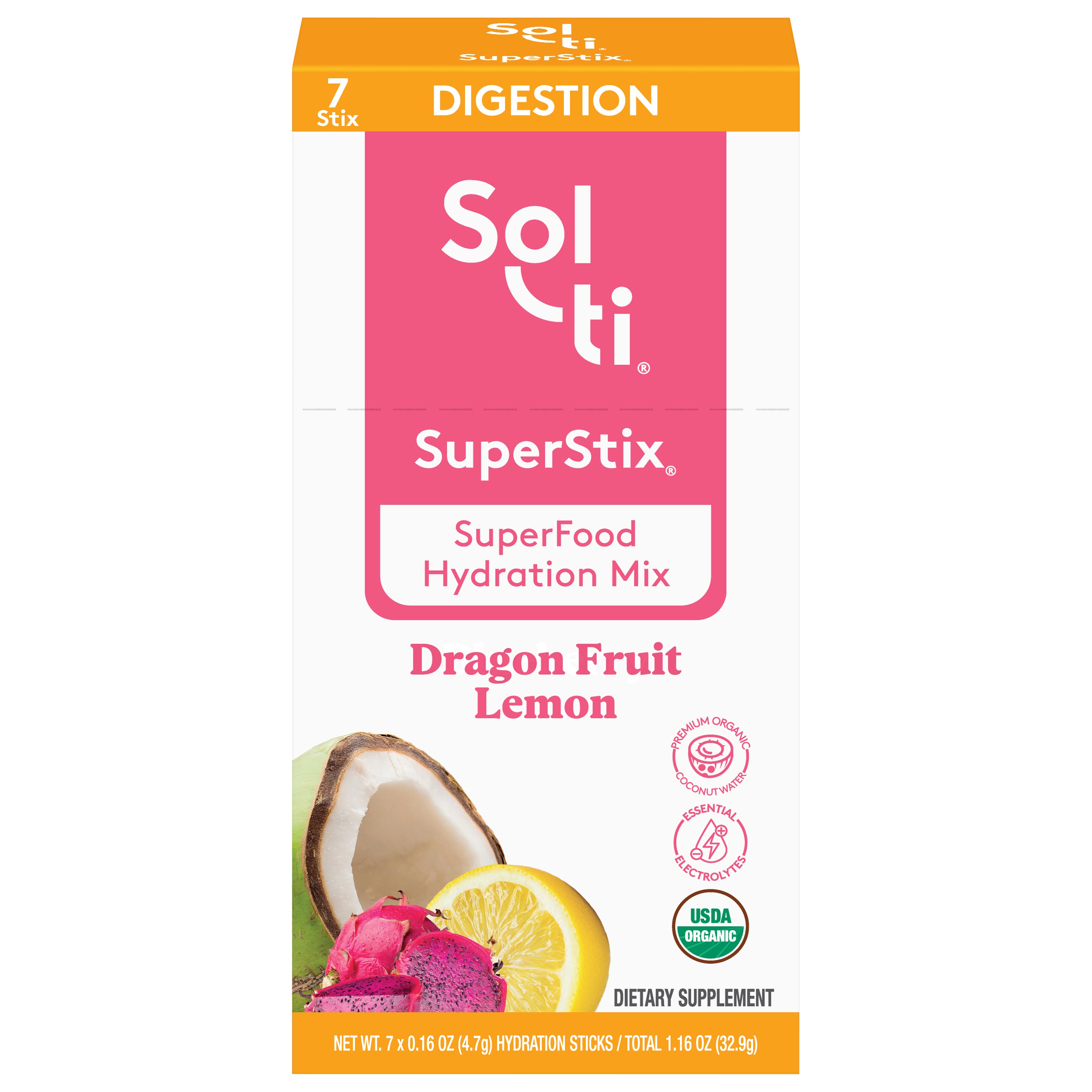 Sol-Ti SuperStix Digestion Dragon Fruit Lemon Superfood Hydration Mix 7 - 0.16 oz Sticks - Case of 1
