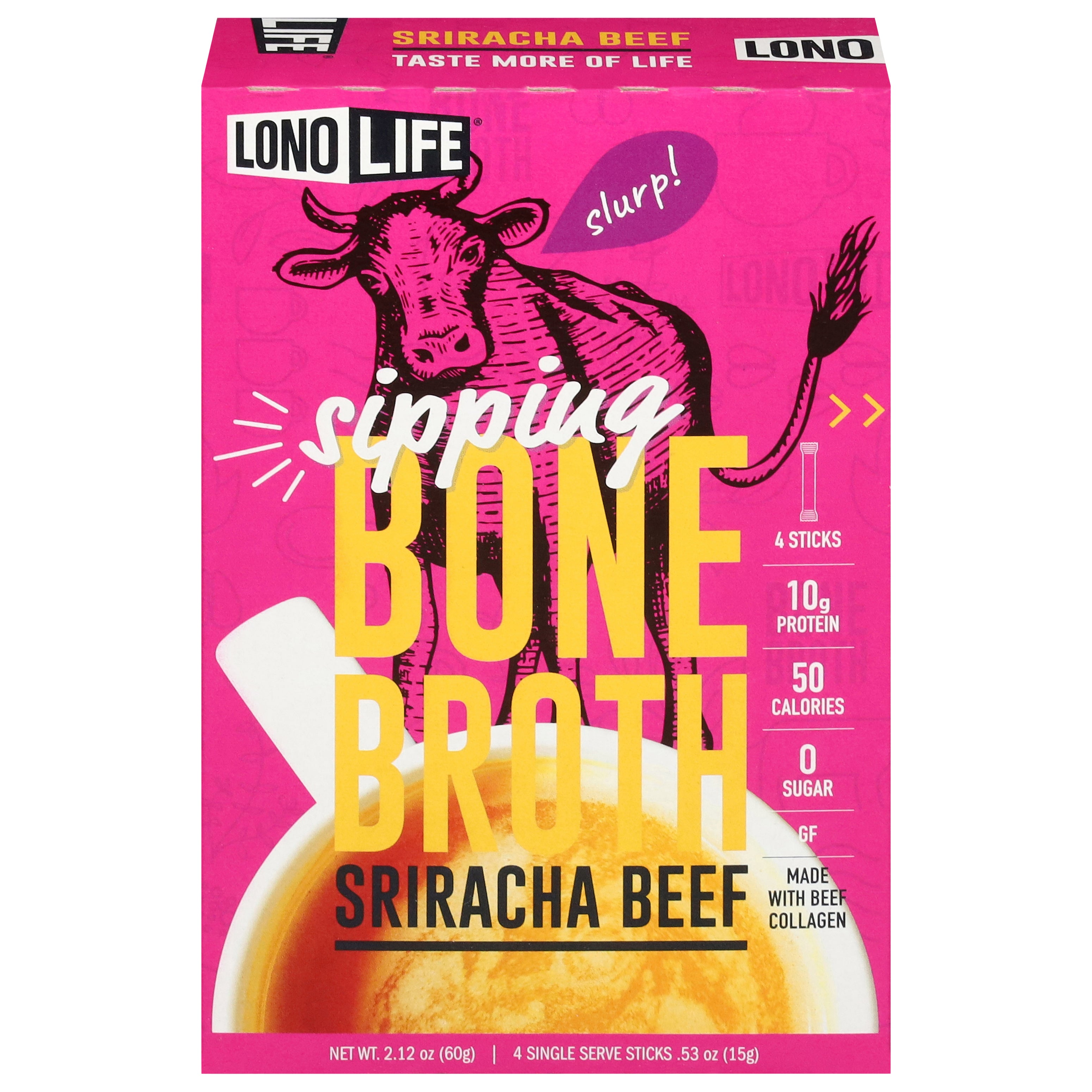 LonoLife Sipping Sriracha Beef Bone Broth 4 - 0.53 oz Packs - Case of 6