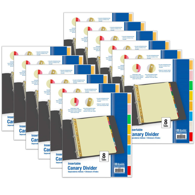 BAZIC PRODUCTS - Canary Paper Dividers with Insertable Color Tabs, 8 Per Pack, 12 Packs