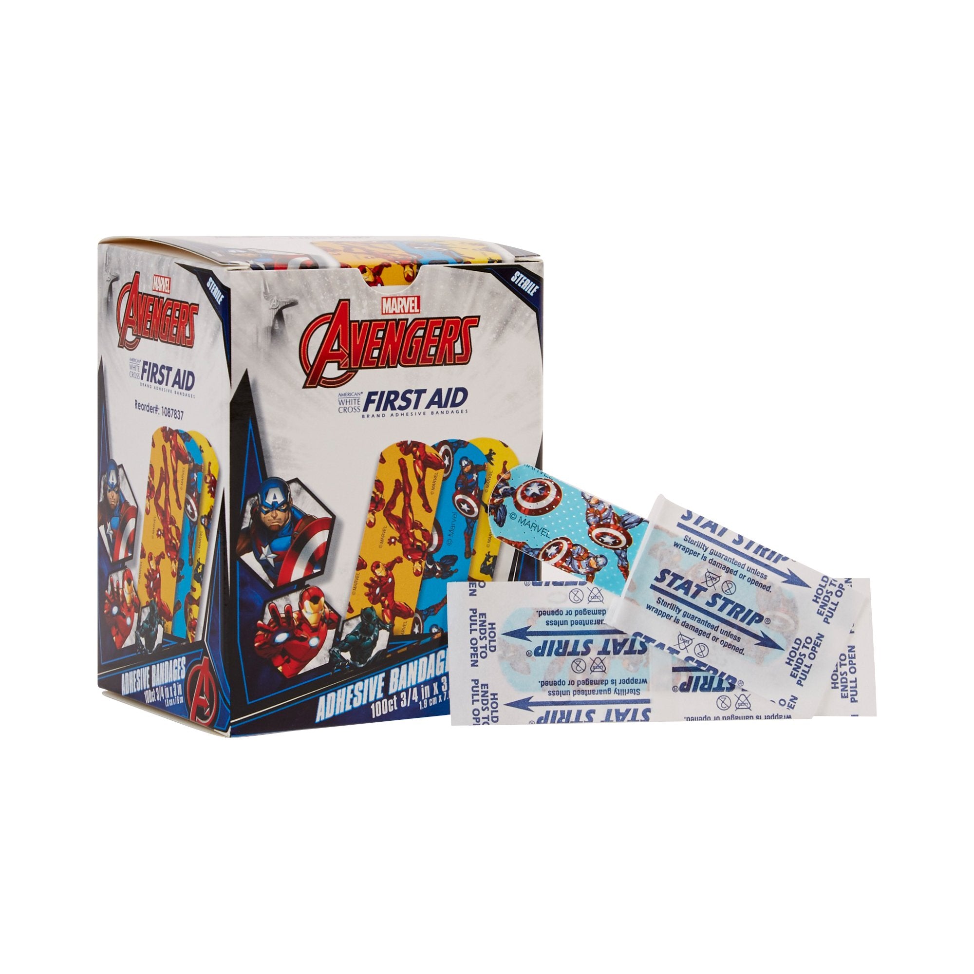Dukal - Adhesive Strip American® White Cross Stat Strip® 3/4 X 3 Inch Plastic Rectangle Kid Design (Black Panther / Captain America / Iron Man) Sterile [100/BX]