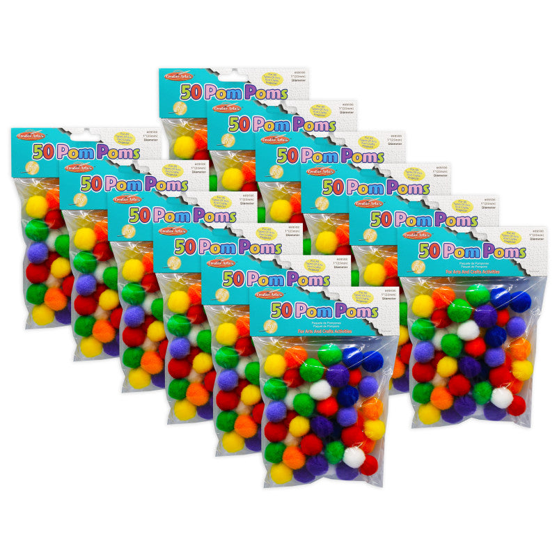 CHARLES LEONARD - Pom-Poms 1", Assorted Colors, 50 Per Pack, 12 Packs