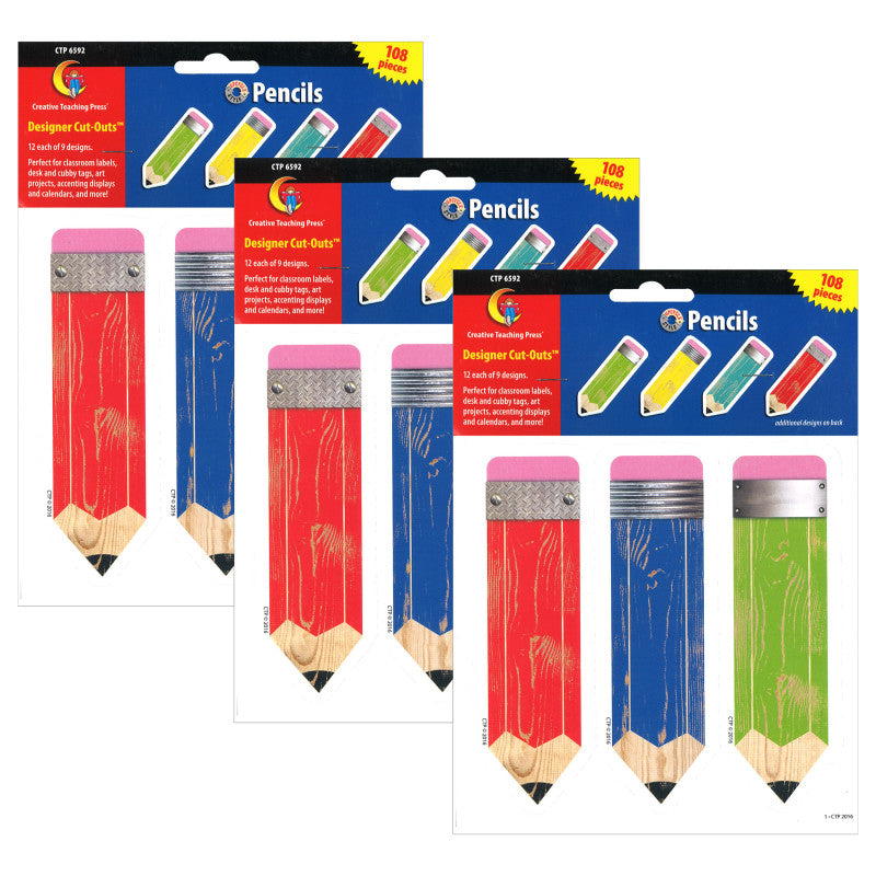 CREATIVE TEACHING PRESS - Upcycle Style Pencils 6" Designer Cut-Outs, 108 Per Pack, 3 Packs