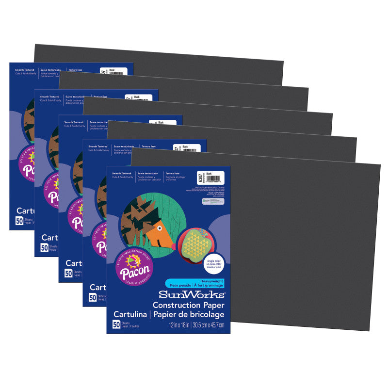 PRANG - Construction Paper, Black, 12" x 18", 50 Sheets Per Pack, 5 Packs (PAC6307-5)