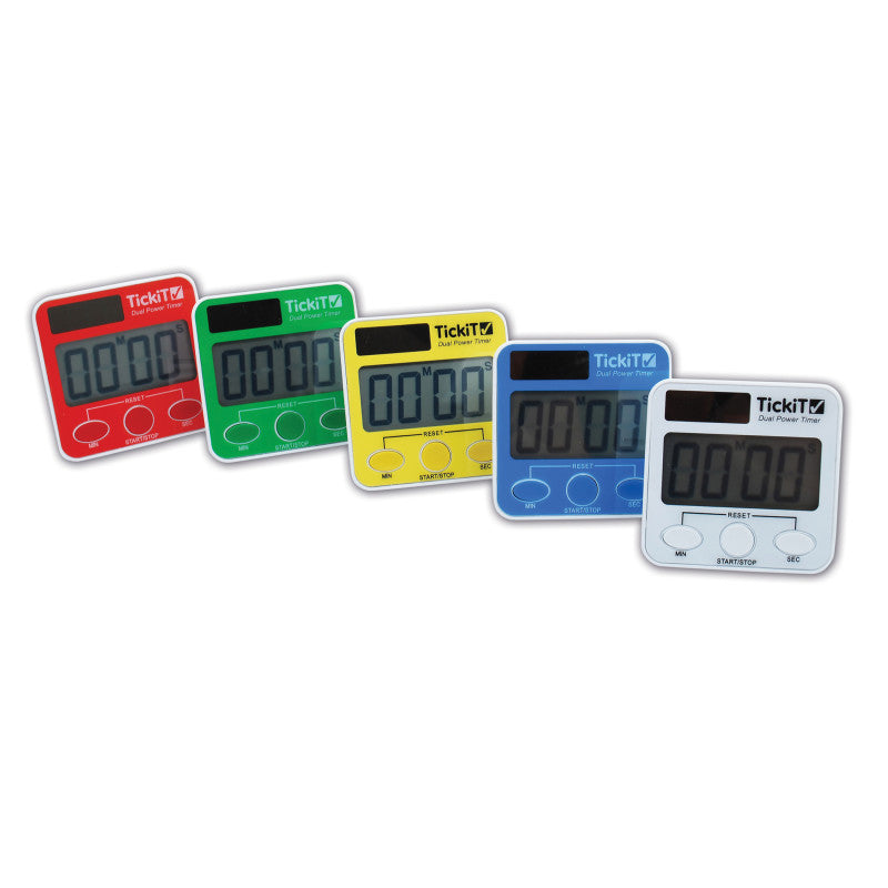 TICKIT - Dual Power Timers - Set of 5 - Red, Yellow, Green, Blue, White - Solar and Battery Powered Digital Timers