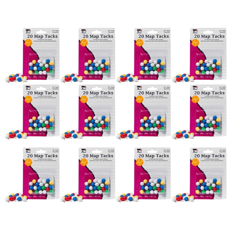 CHARLES LEONARD - Map Tacks, 3/8 Inch Head, Assorted Colors, 20 Per Pack, 12 Packs