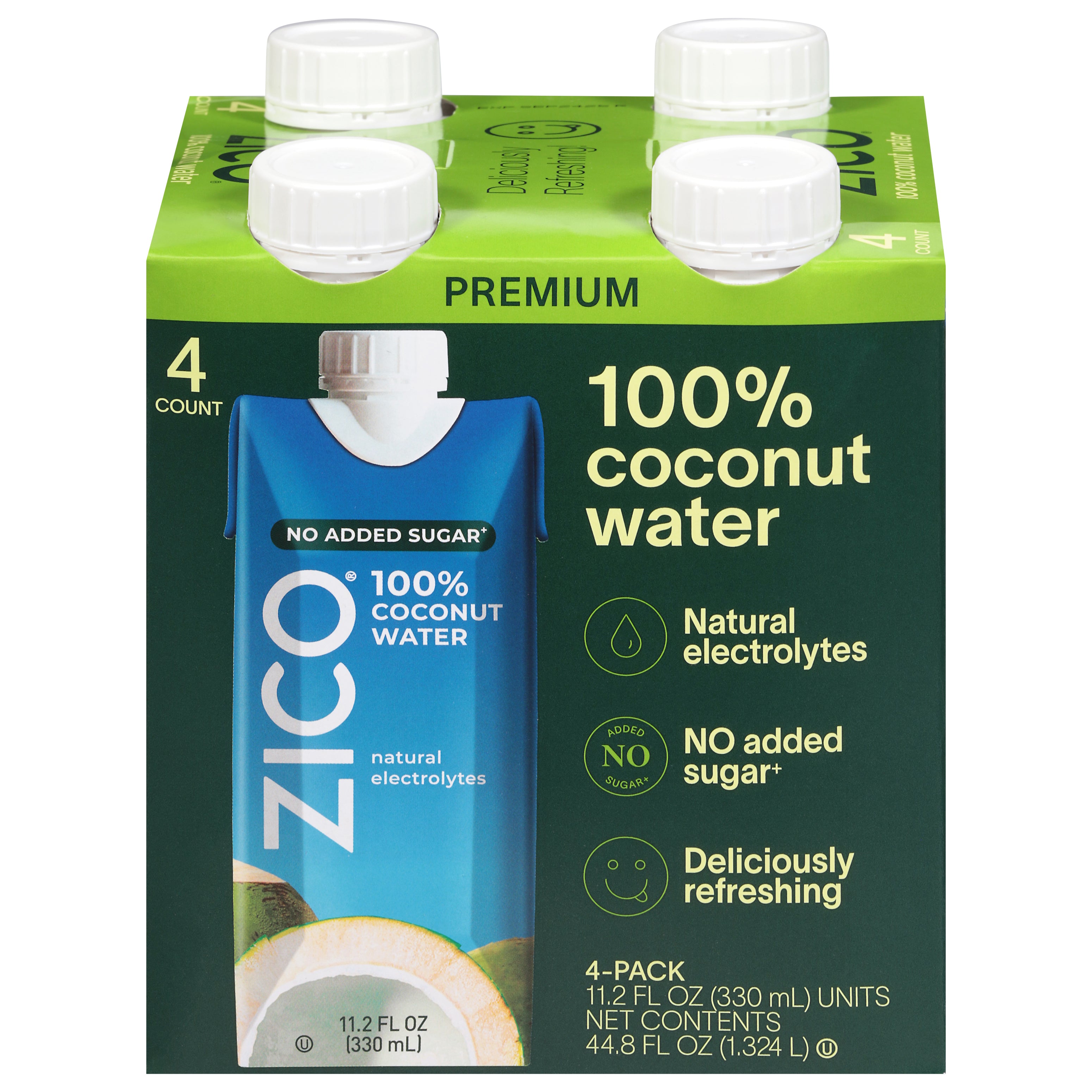 Zico No Added Sugar Premium 100% Coconut Water 4 - 11.2 fl oz Packs - Case of 4