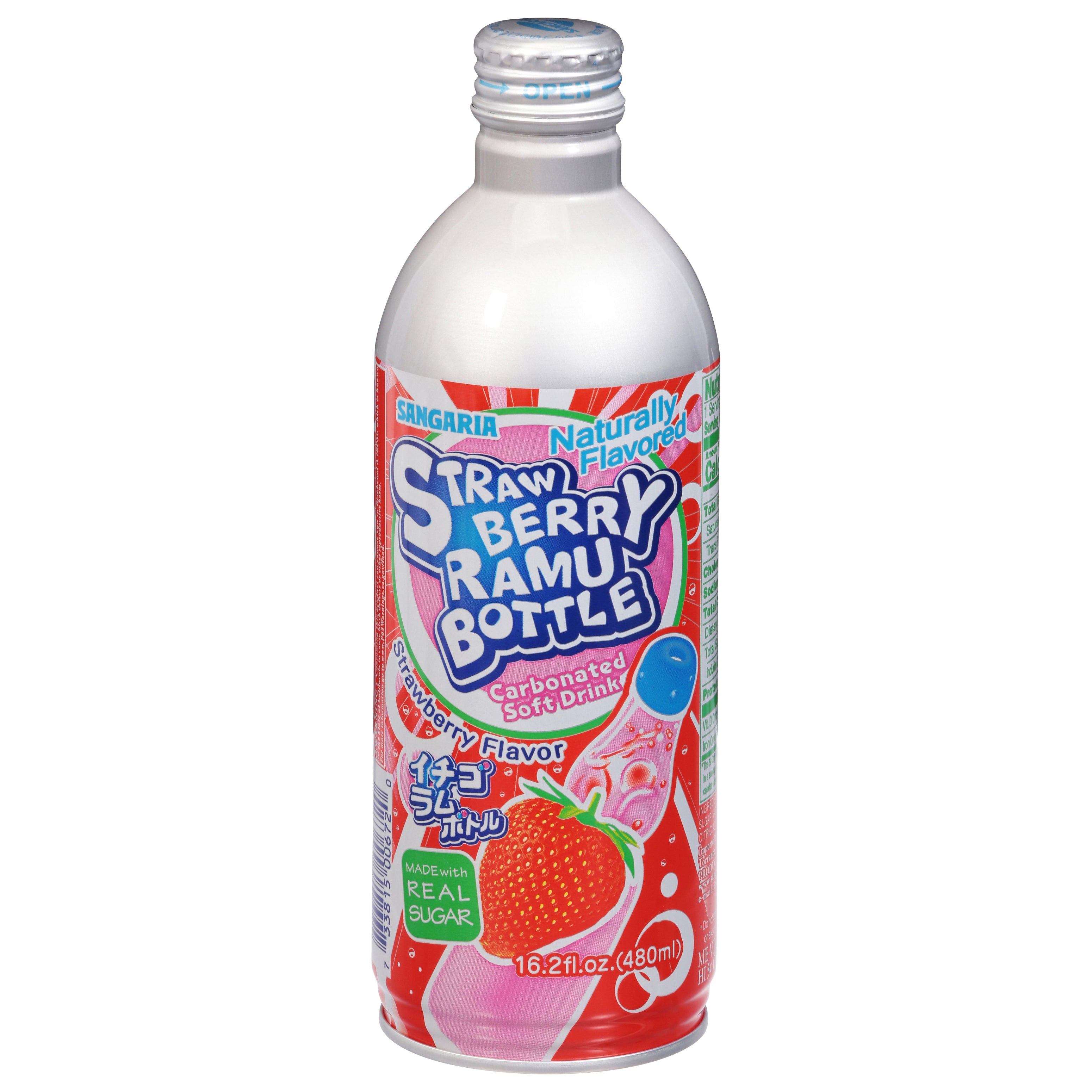Sangaria Strawberry Ramu Bottle Carbonated Strawberry Flavor Soft Drink 16.2 fl oz - Case of 24