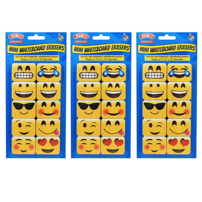 ASHLEY PRODUCTIONS - Non-Magnetic Mini Whiteboard Erasers, Emotions Icons, 10 Per Pack, 3 Packs