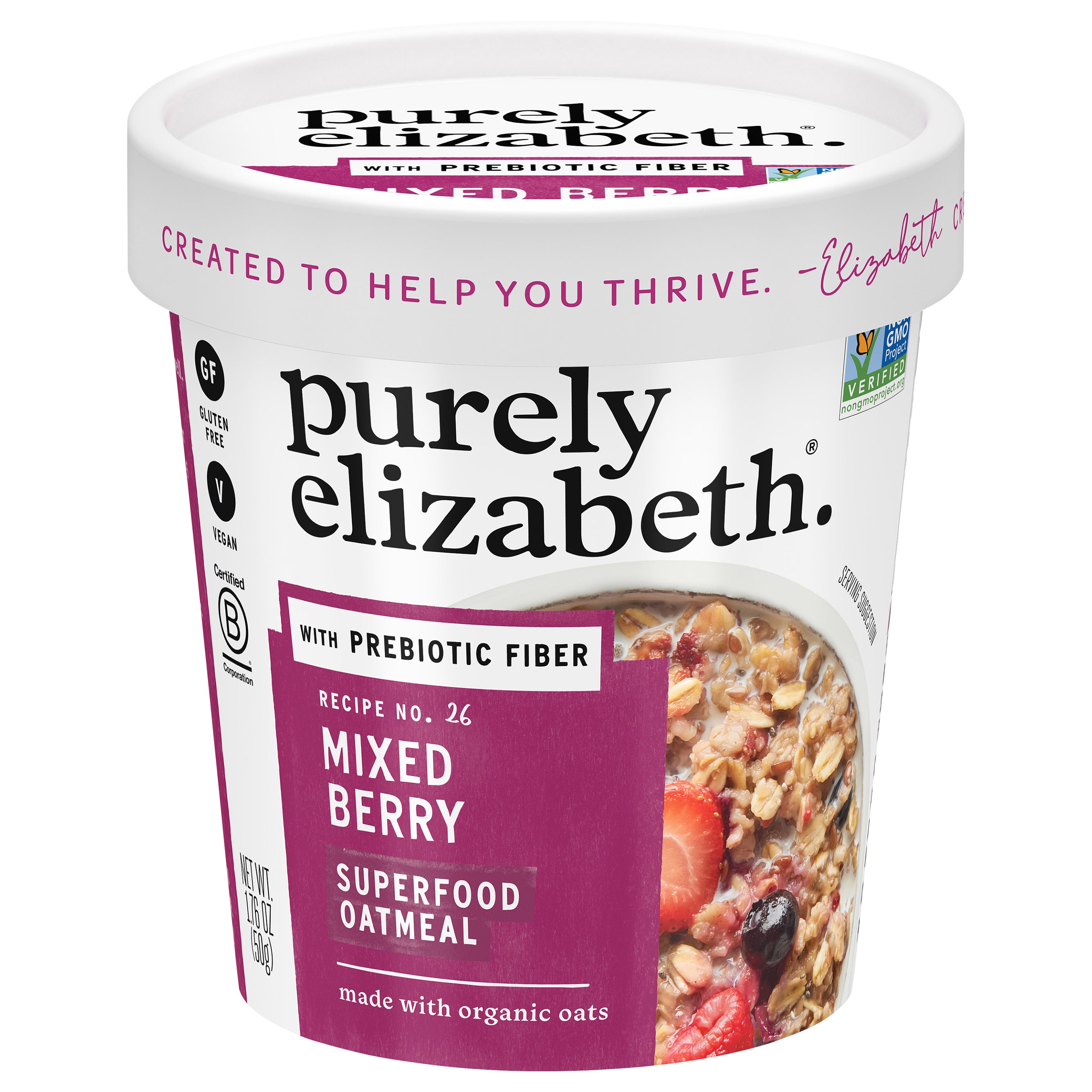 Purely Elizabeth Mixed Berry Superfood Oatmeal with Prebiotic Fiber Cup 1.76 oz - Case of 12