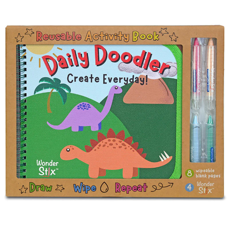 THE PENCIL GRIP - Daily Doodler Reusable Activity Book- Dino Cover, Includes 4 Wonder Stix