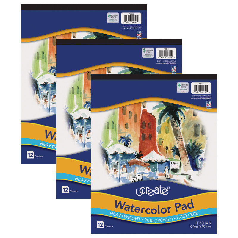 UCREATE - Watercolor Pad, 90 lb., 11" x 14", 12 Sheets, Pack of 3