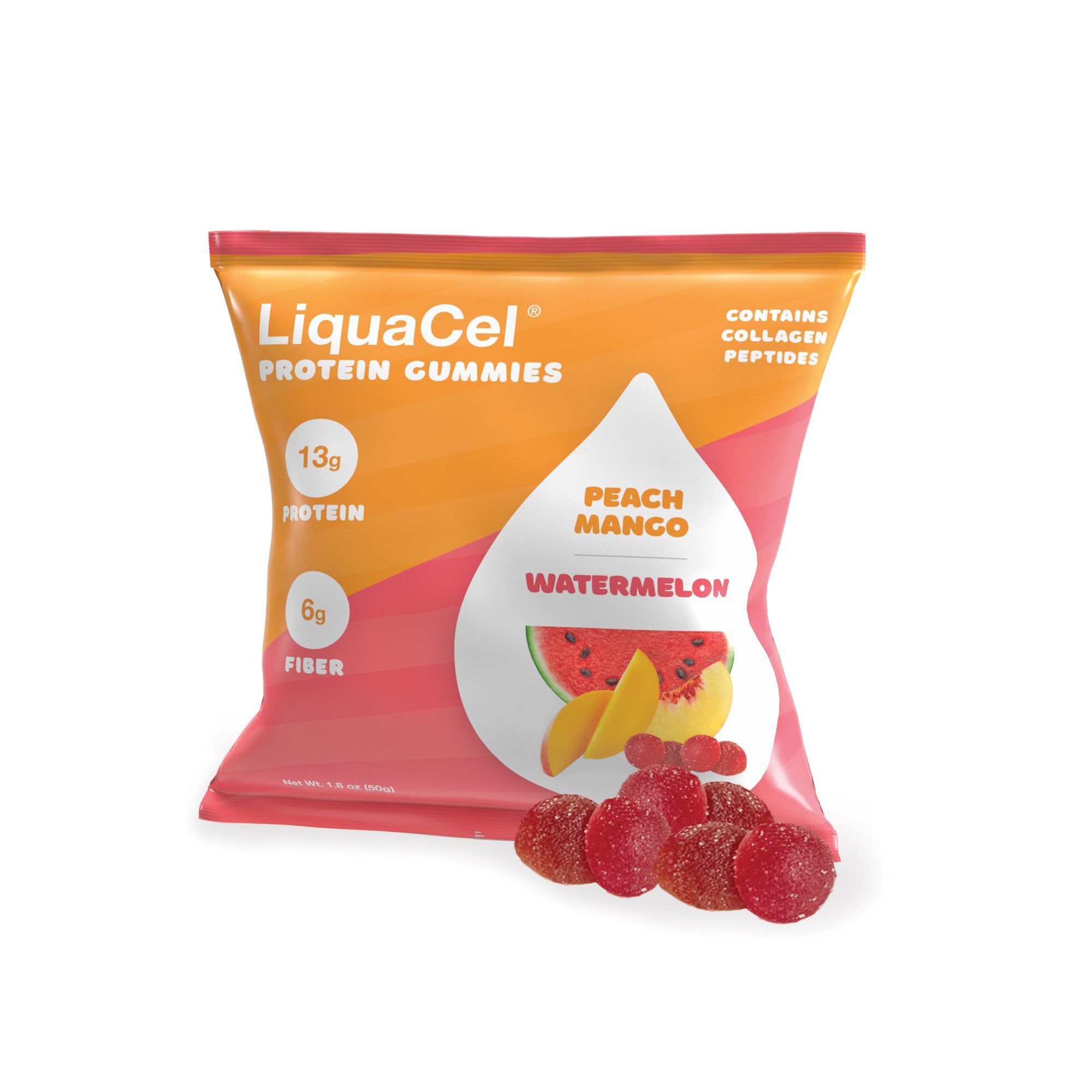 Global Health Products - Oral Supplement LiquaCel® Protein Gummies Watermelon / Peach Mango Flavor Gummy 1.8 oz. Pouch [50/CS]