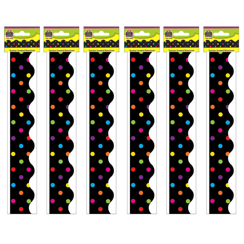 TEACHER CREATED RESOURCES - Multicolor Dots on Black Scalloped Border Trim, 35 Feet Per Pack, 6 Packs